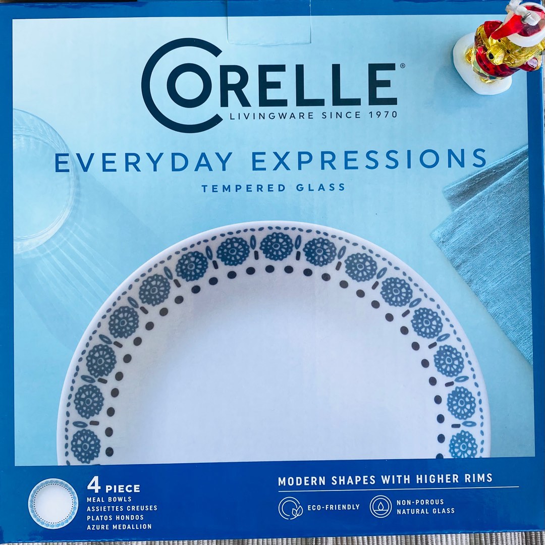Corelle Everyday Essentials Azure Medallion 4pc Meal Plate Bowls, Furniture & Home Living