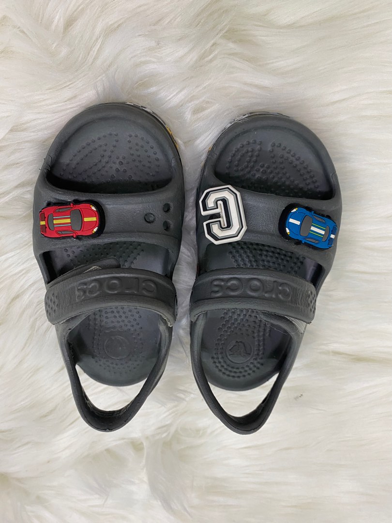 Crocs gray sandals with jibbitz, Babies & Kids, Babies & Kids Fashion