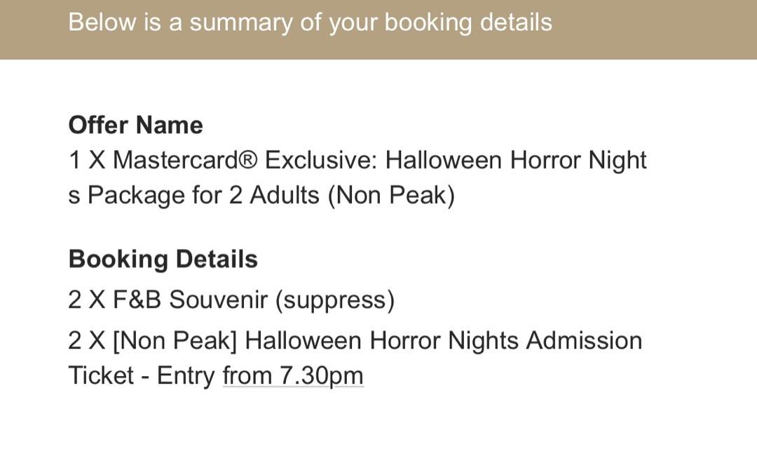 HHN 3 Nov (100 for 2 tickets), Tickets & Vouchers, Event Tickets on
