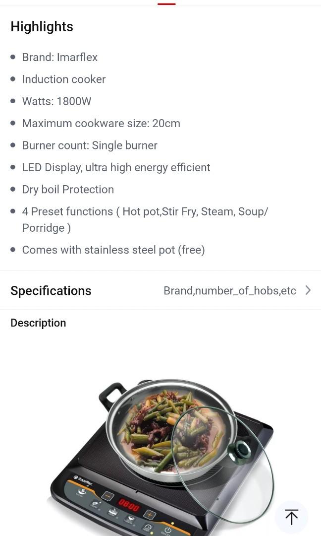 Imarflex Induction Cooker IDX1000 Single Burner, TV & Home Appliances