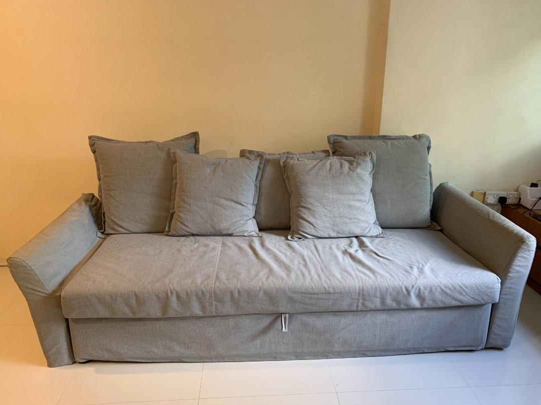 SOLD Queensize light grey sofa bed with washable covers, cushions