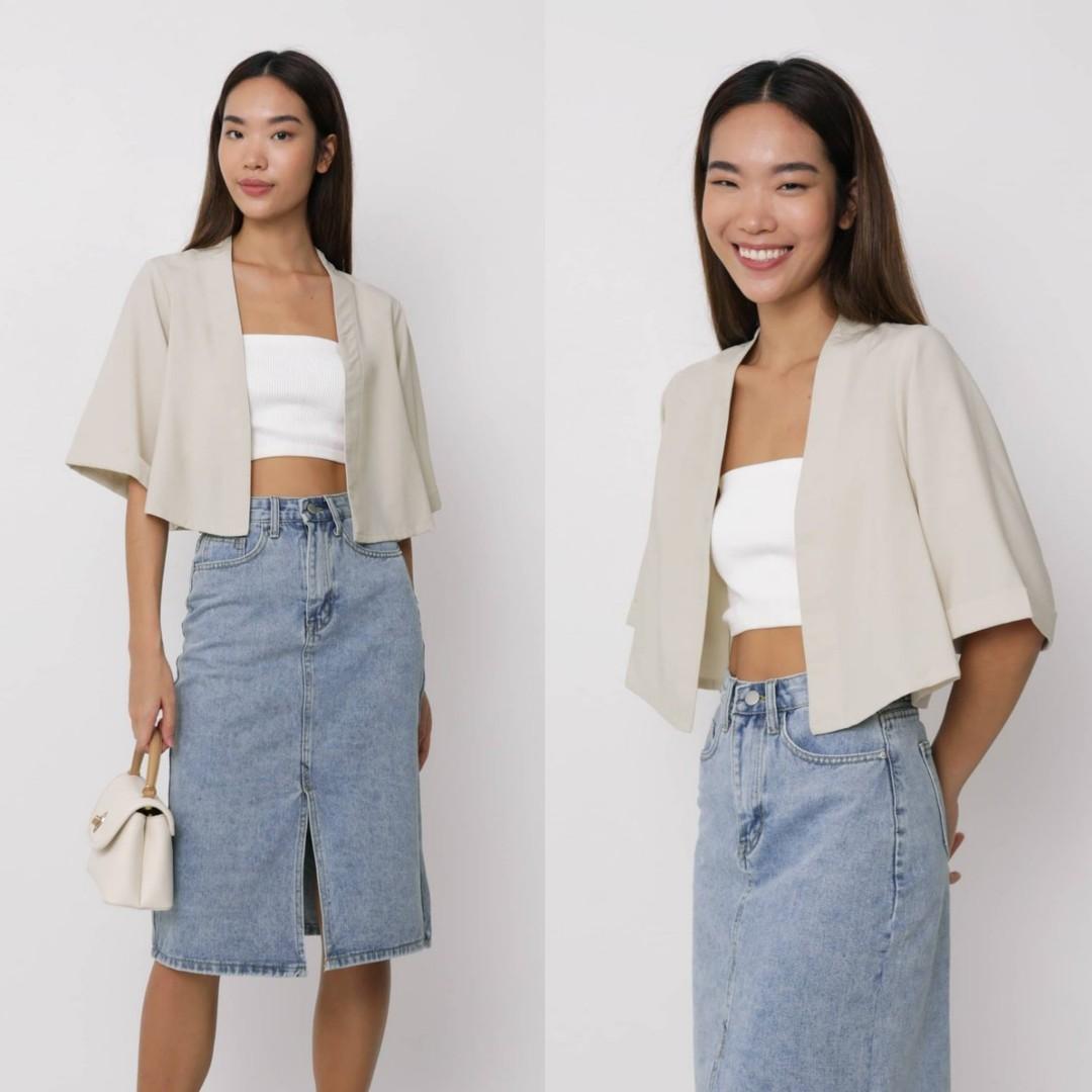 The Tinsel Rack TTR Astra Crop Kimono in Beige, Women's Fashion, Coats