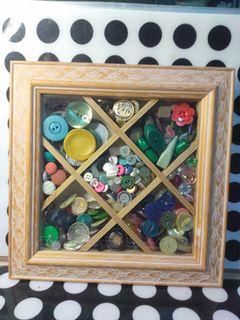 Vintage Buttons Shadow Box With Glass Window and Carved frame ( Wall Mount Display )