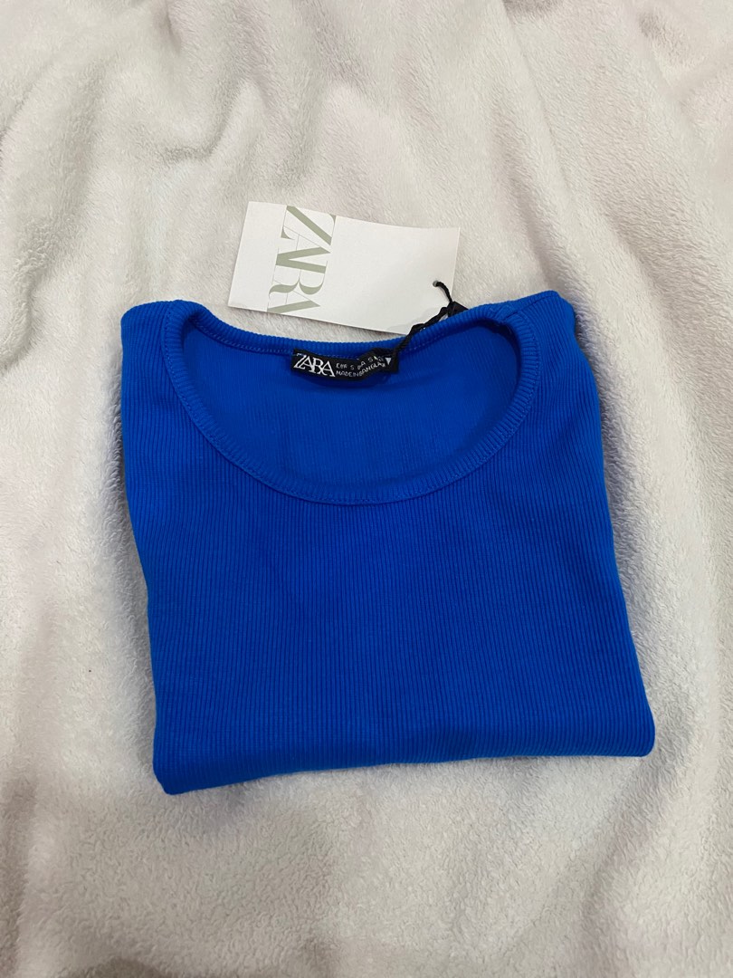 Zara ribbed cropped top blue, Women's Fashion, Tops, Shirts on Carousell