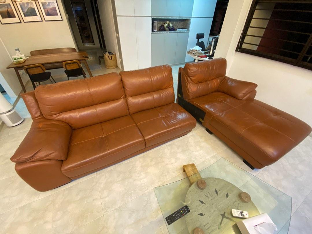Urgent sale Brown L shaped Leather Sofa 5 seater, Furniture & Home Living, Furniture, Sofas on