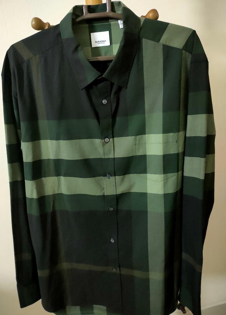 Burberry Check Stretch Cotton Men Shirt in Dark Forest Green , Luxury,  Apparel on Carousell