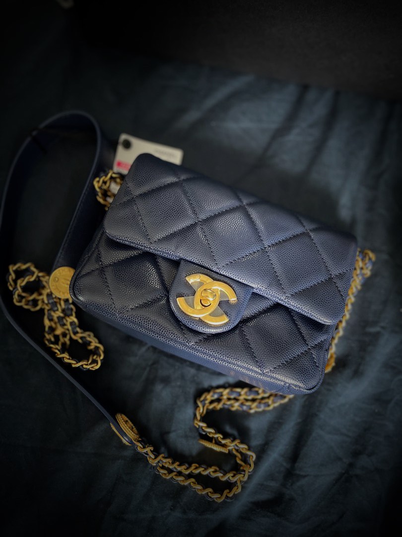 CHANEL HANDBAG Mini Flap Bag In Grained Shiny Calfskin & Gold-Tone Metal  Navy Blue, Luxury, Bags & Wallets on Carousell