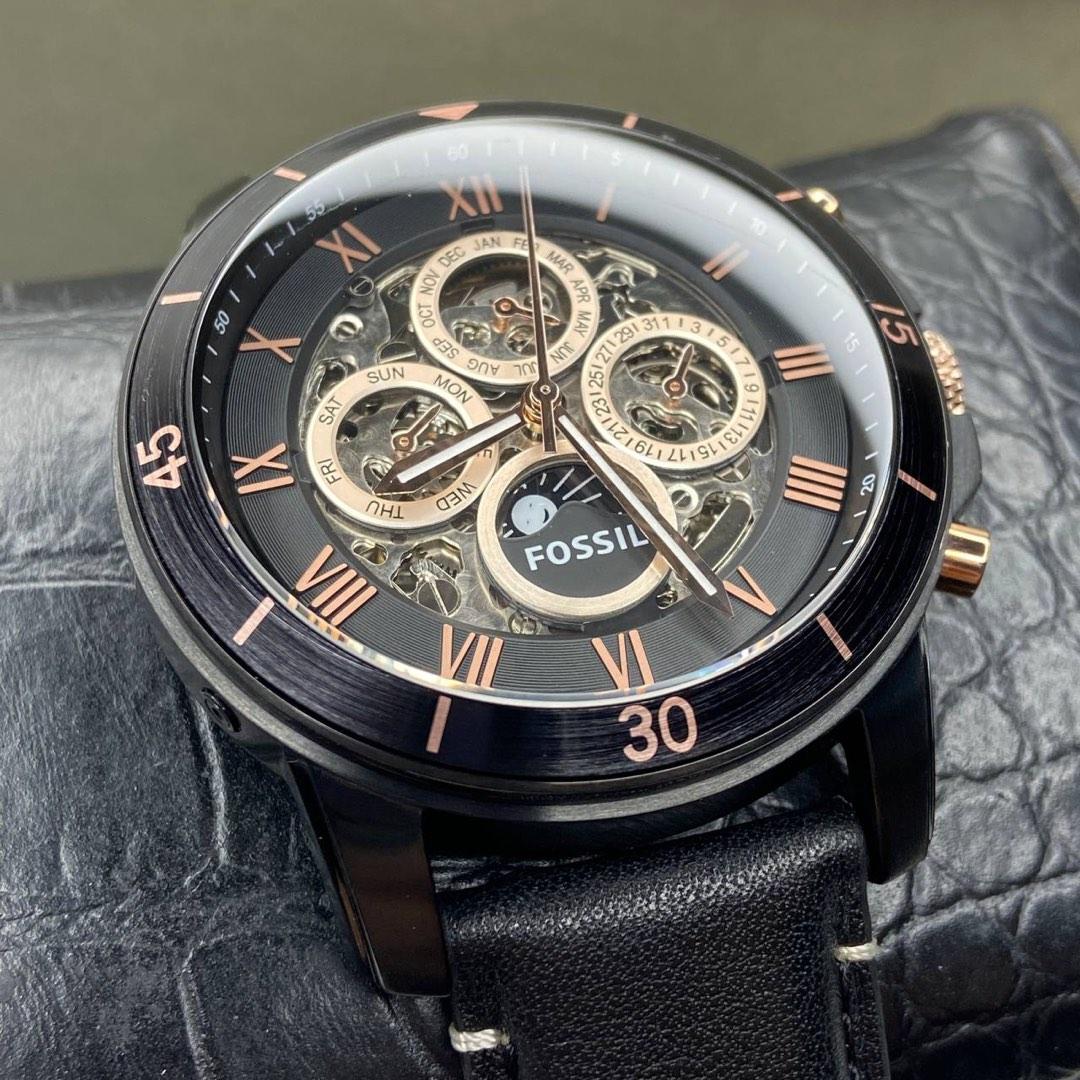 Fossil grant automatic black leather watch deals