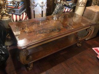 Italian center coffee table Marquetry design with glass top