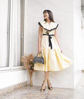 Jomei Daisy Dress Soft Yellow/Dress Feminim/Dress dengan ikat pinggang