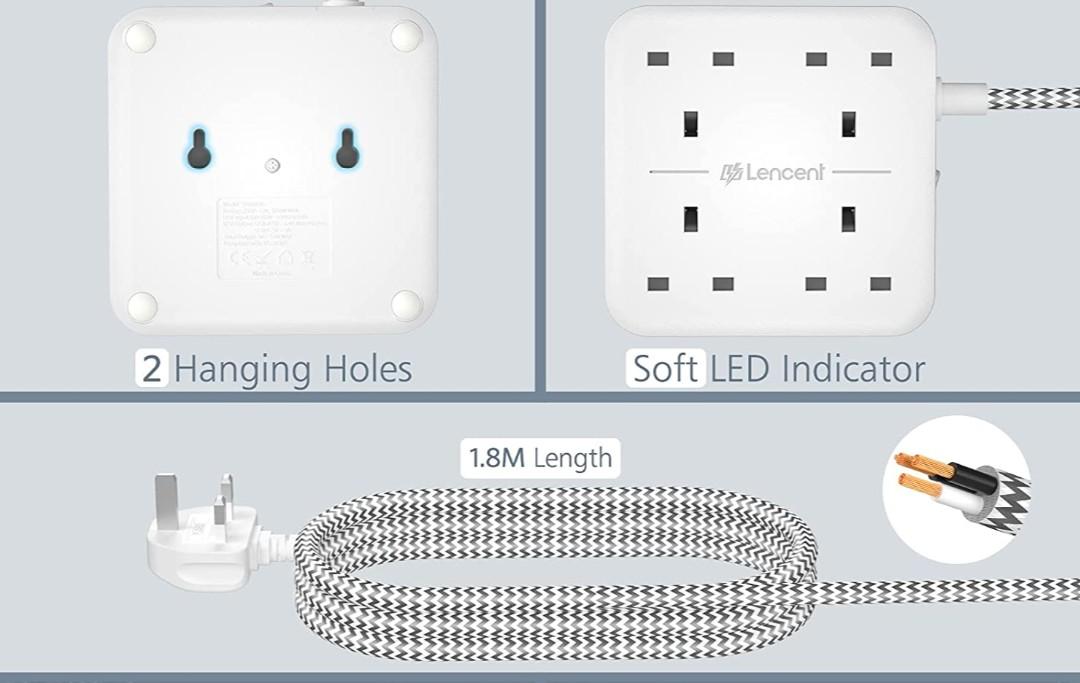 Multi Power Plug Extension with 2 Meter Braided Extension Cord for Home