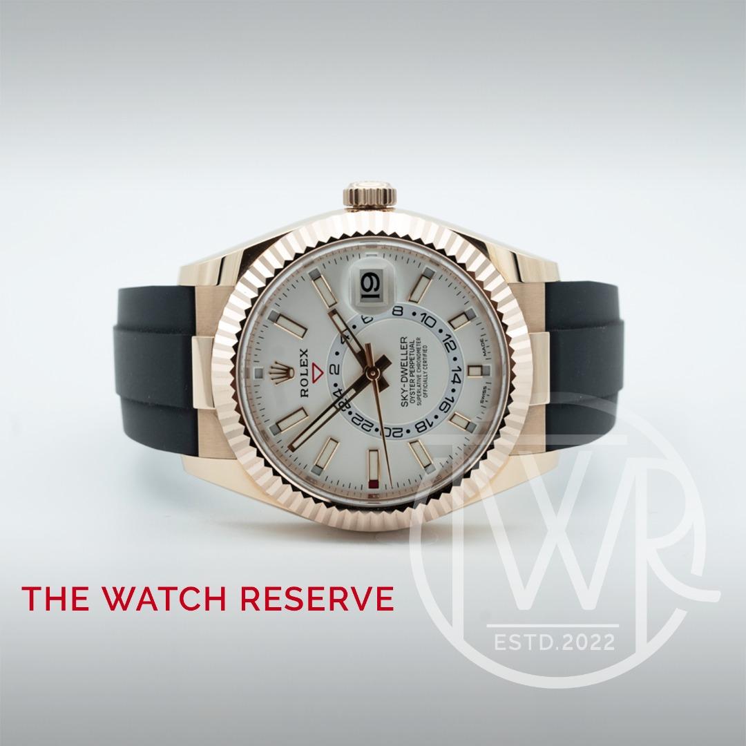 🌟New Old Stock🌟 Rolex Skydweller Everose Gold White Dial 326235 (Ready Stock) (Category: Watches) located in Singapore. Submitted by thewatchreserve (Listing ID 1190342384, Image 1). Description: Dated: 2020 Condition: BNIB Model number: 326235 Dial Color: White Case size: 42mm Case material: Everose Gold Movement type: Automatic (Dual-time, Annual Calendar) Bracelet/Strap: Oysterflex Power Reserve : 72 Hr Water Resistant : 10 ATM Original Box 