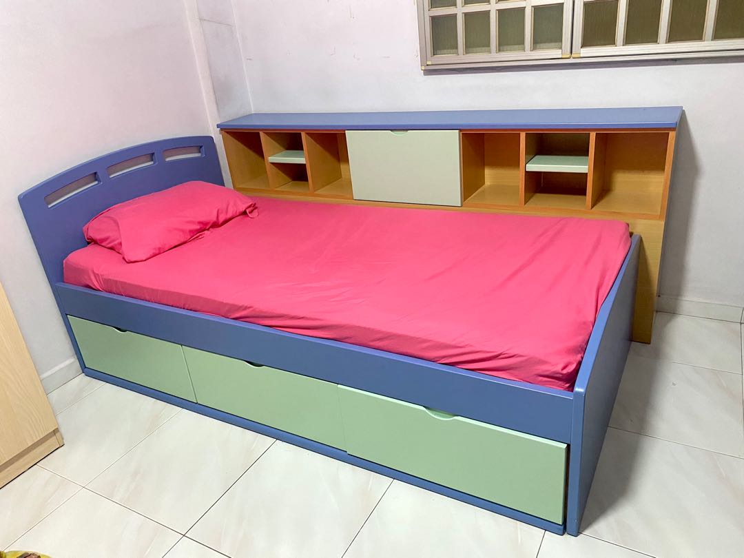 SINGLE BED FRAME WITH DRAWERS & SEPARATE SIDE STORAGE CUPBOARD