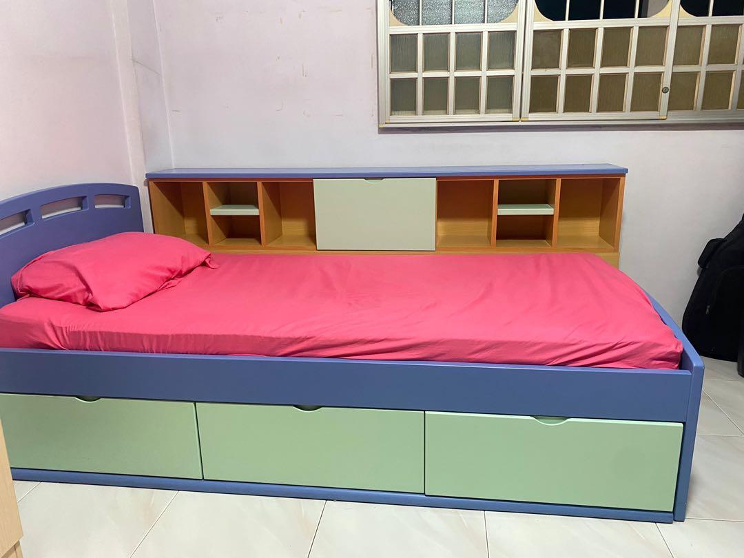 SINGLE BED FRAME WITH DRAWERS & SEPARATE SIDE STORAGE CUPBOARD