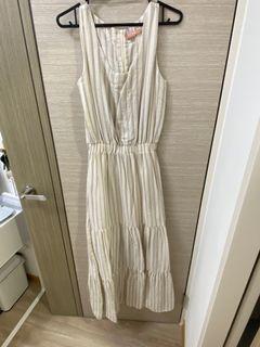 鬆緊腰後拉鍊無袖直條紋蛋糕長裙