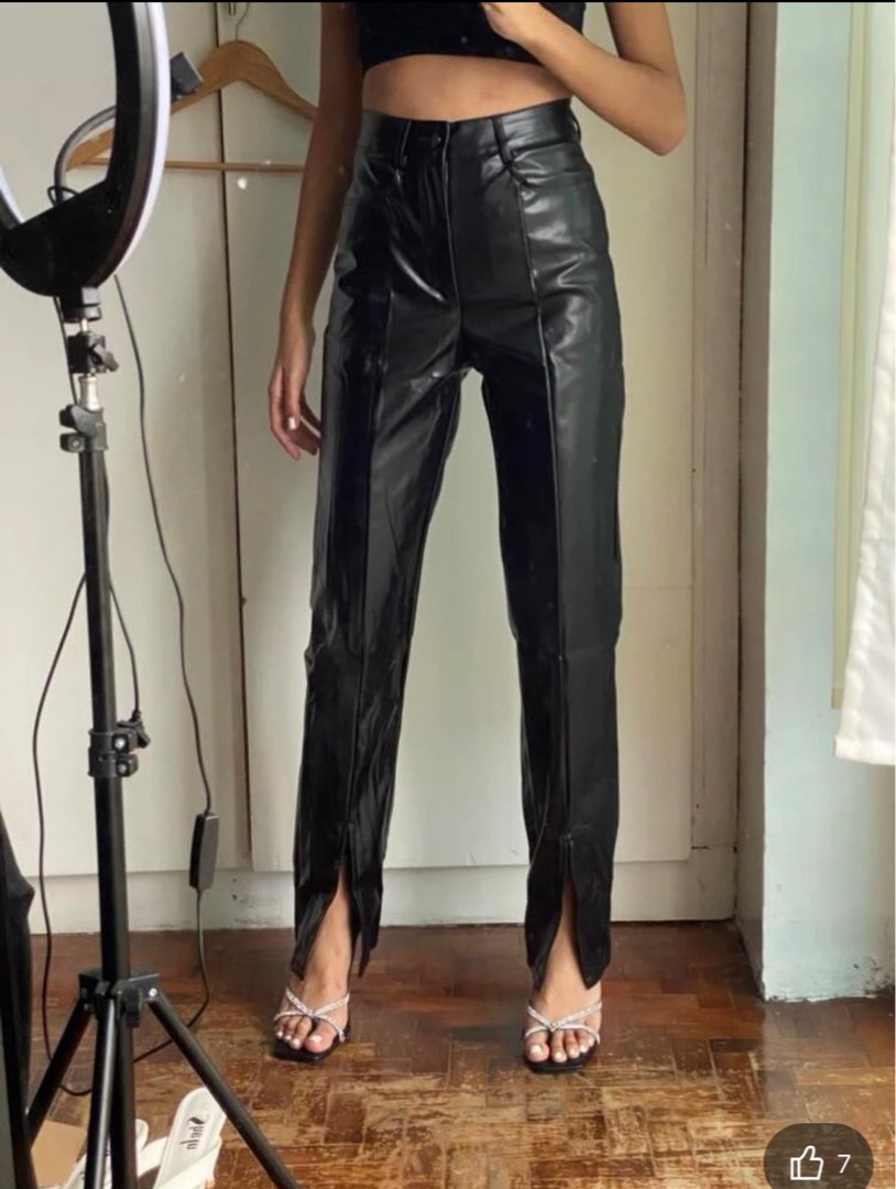 black high waist leather pants, Women's Fashion, Bottoms, Jeans on Carousell