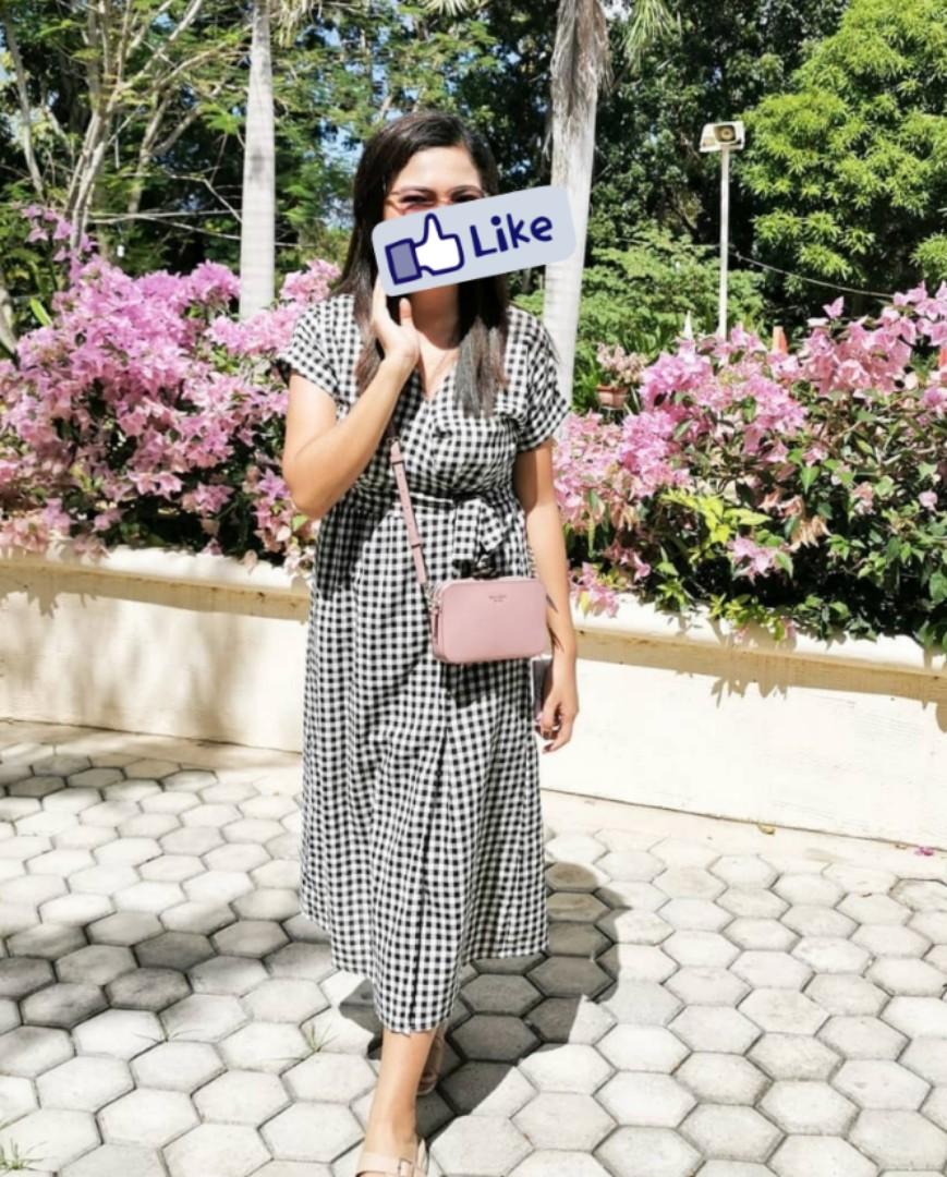 Black White checkered wrap long dress Medium Women s Fashion