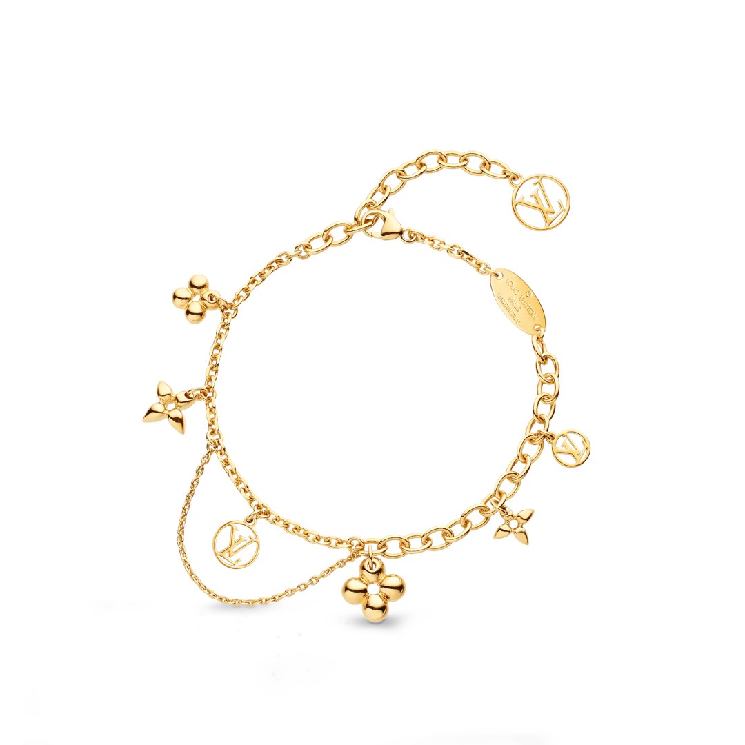 Genuine Louis Vuitton ~ Blooming Supple Gold Tone Logo Charm Bracelet ~  7.5in