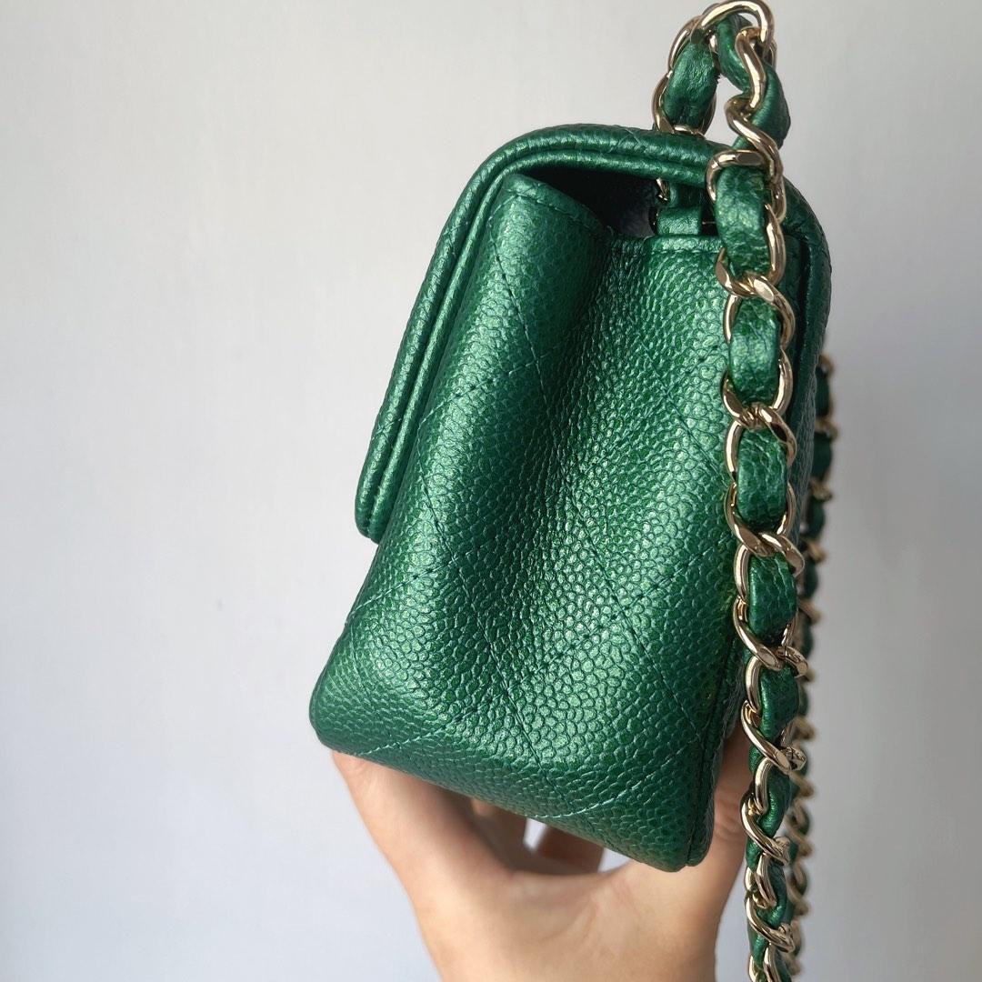 Chanel Classic Mini Square, 18S Emerald Green Cavwith Gold Hardware,  Preowned in Box WA001