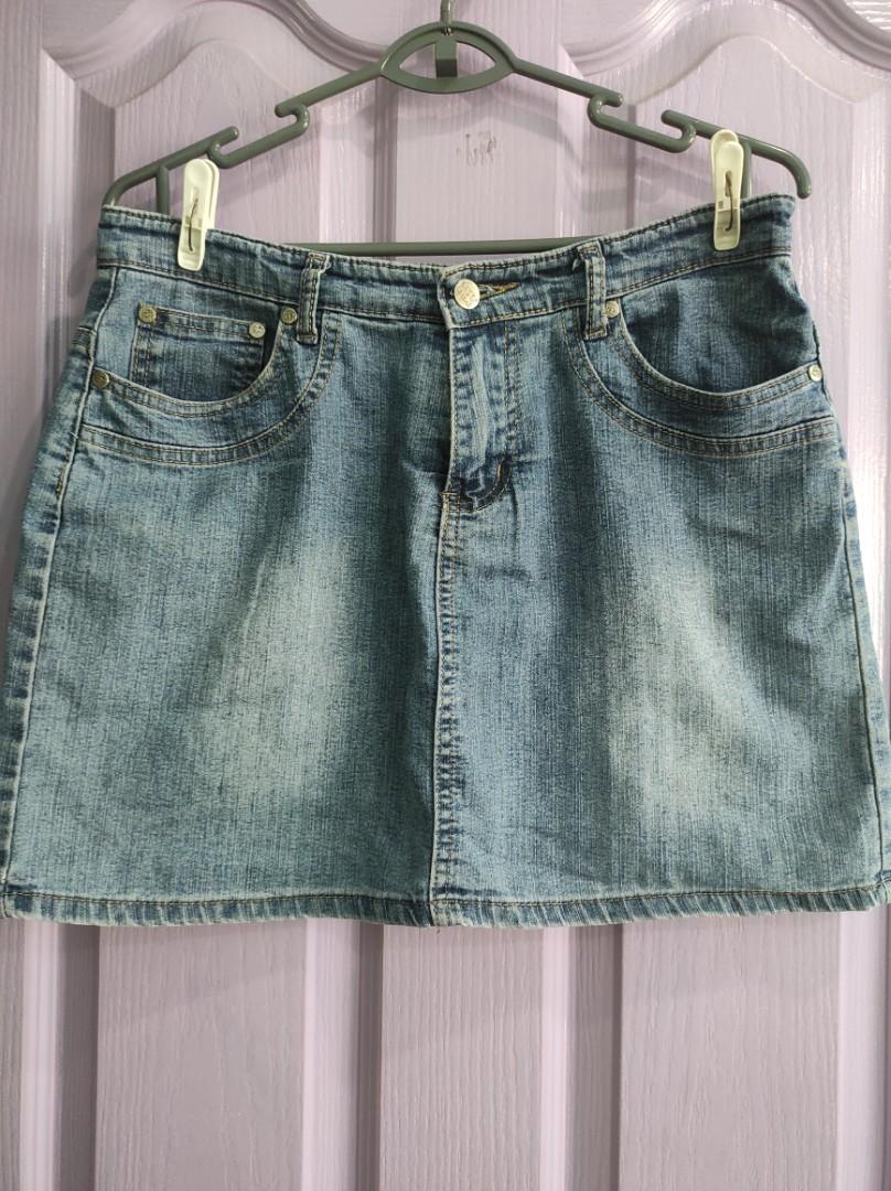 M L size Denim blue brown khaki black jean midi and short skirts mini or knee length depends on height or worn at waist or mid waist Women s Fashion Bottoms Skirts