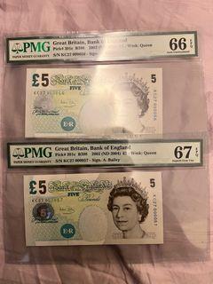 England 5 Pounds Pair with low Serial PMG 66/67 EPQ