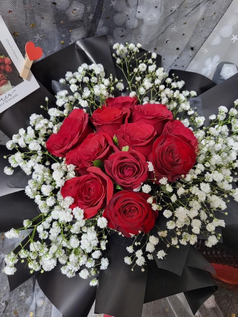 Fresh 11 stalks rose with baby breath flower bouquet for your loved one ...