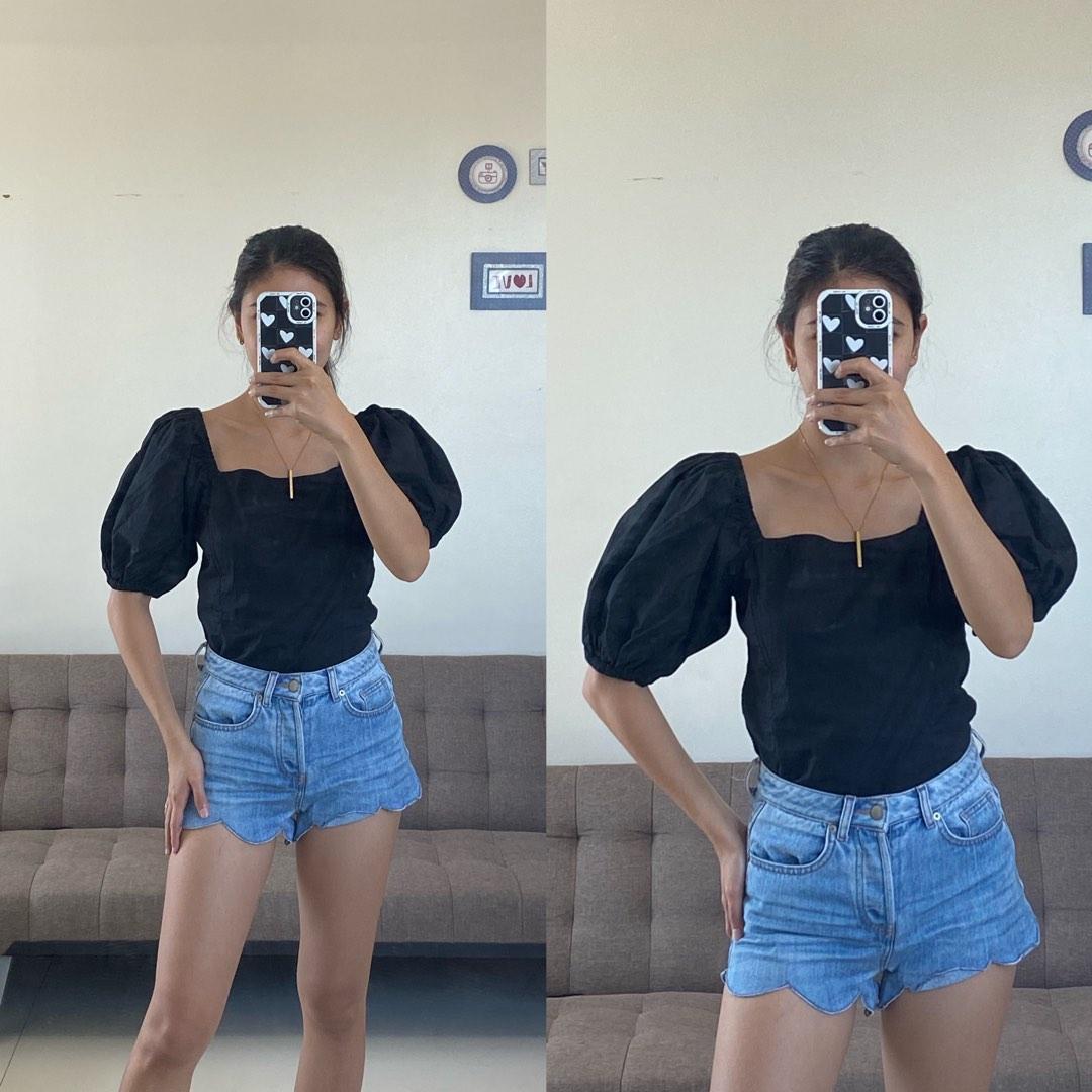 hu0026m black puff sleeves( last price, Women's Fashion, Tops, Blouses on  Carousell