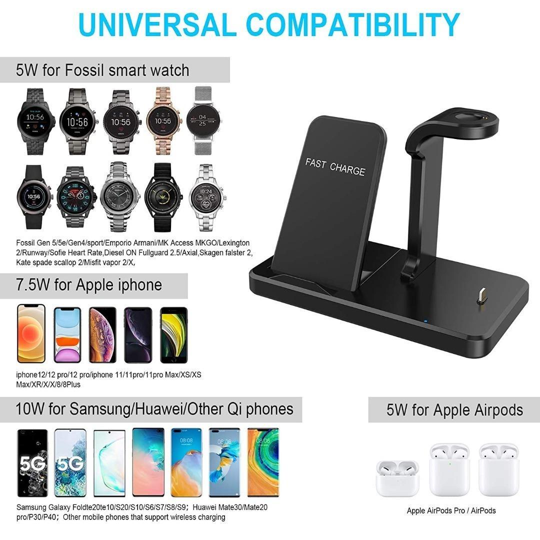Kartice Charger Stand Compatible with Fossil Gen 5E 42mm 44mm Charger Multiple Charger 3 in 1 Wireless Charging Station Stand for Fossil Gen 4 Airpods Pro iPhone 12 Gen 5 Carlyle Garrett Charger Mobil...