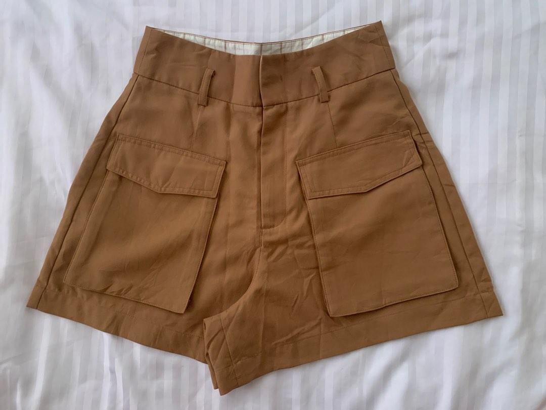 Khaki Brown High Waisted Cargo Shorts with Big Front Pockets Women s Fashion Bottoms Shorts on Carousell