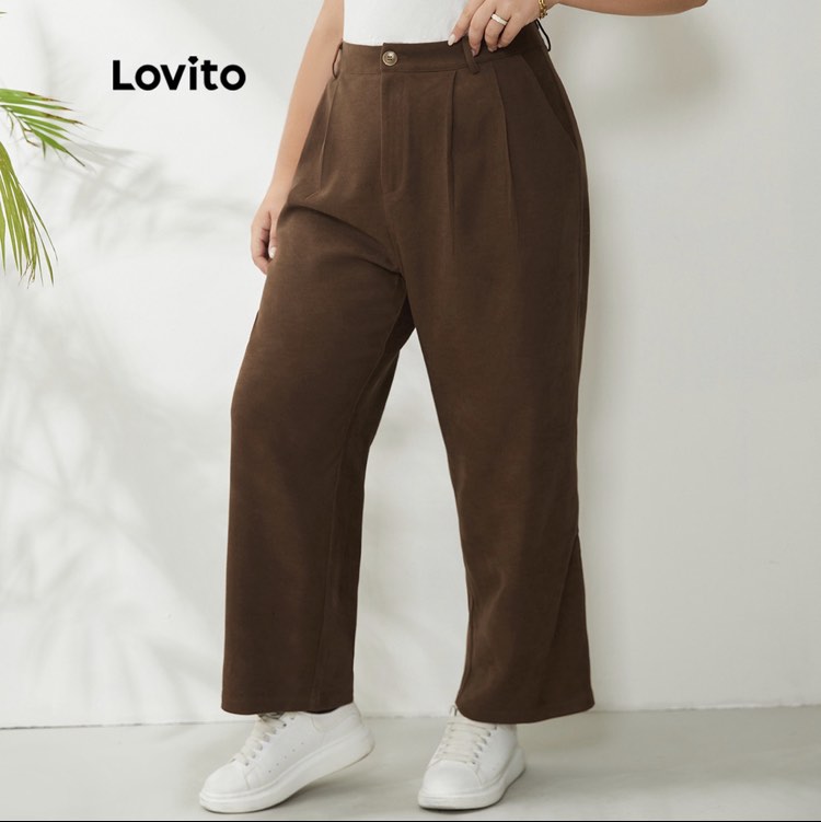 Lovito Plus Size Brown Trousers, Women's Fashion, Bottoms, Other ...