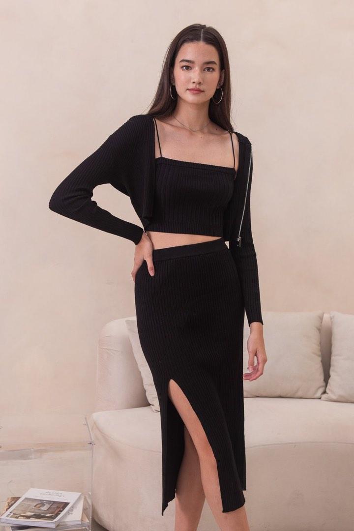 Mikayla Au Naturel Knit Camisole in Black and White, Women's Fashion