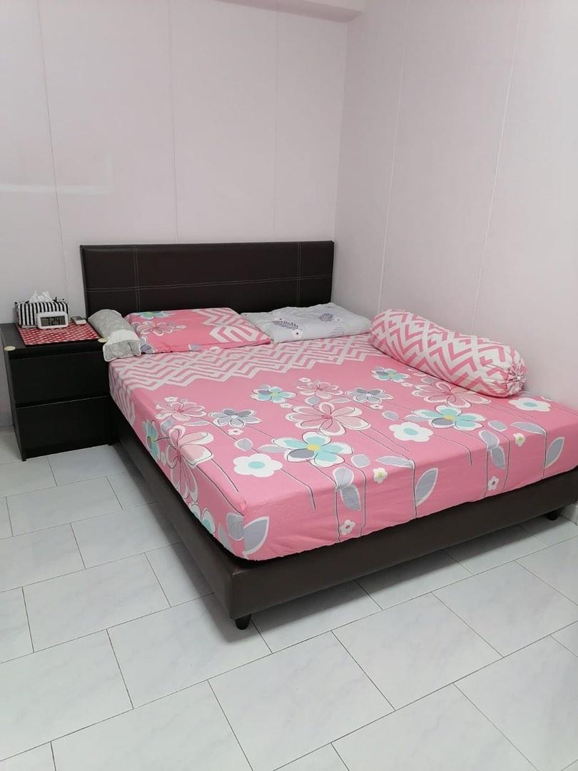 Queen Size Bed + Mattress + IKEA Malm bedside table, Furniture & Home