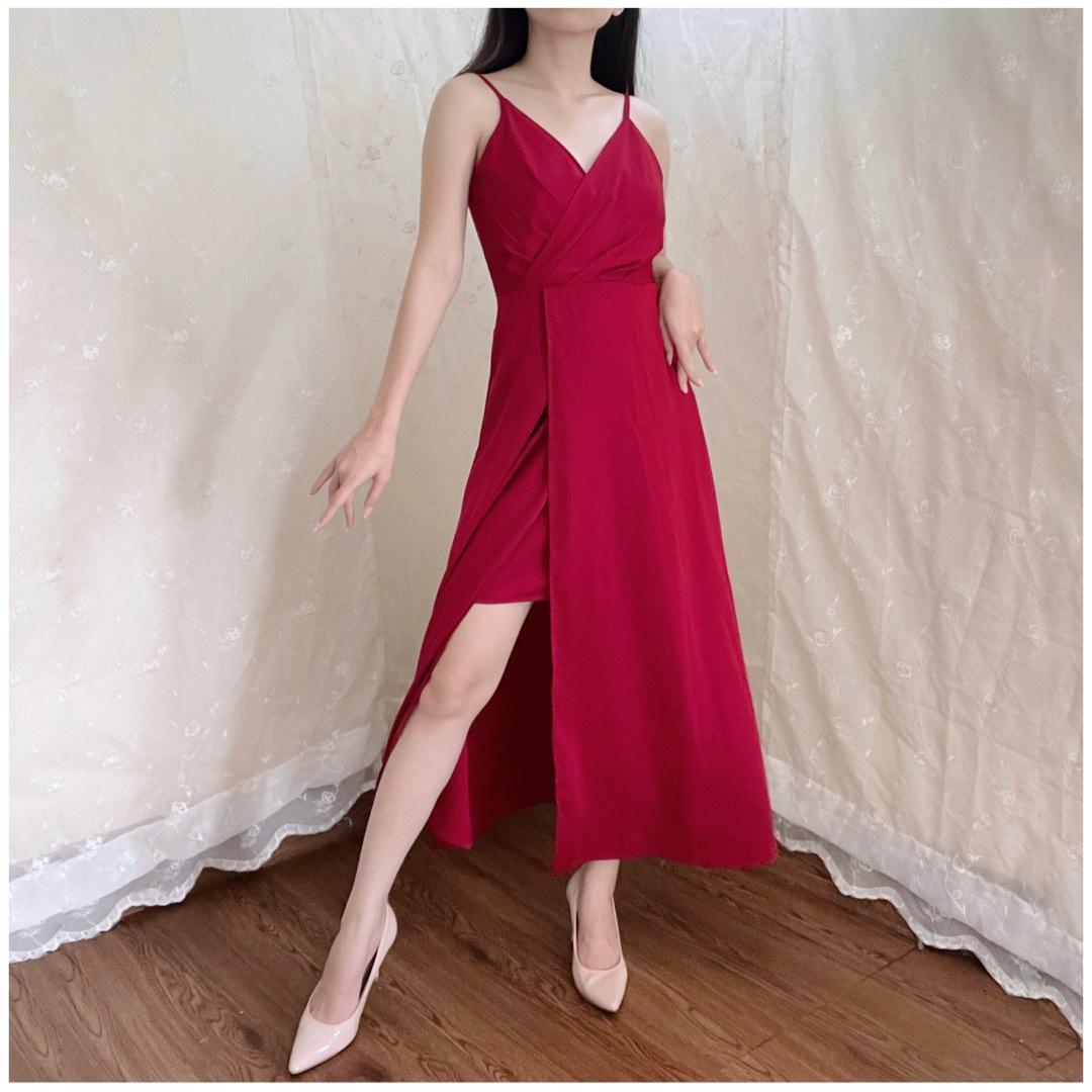 Red V Neck Sexy Maxi Party Cocktail Wedding Long Slit Evening Dress Saten Terusan Panjang Gaun Baju Pesta Merah Seksi Kondangan Thrift