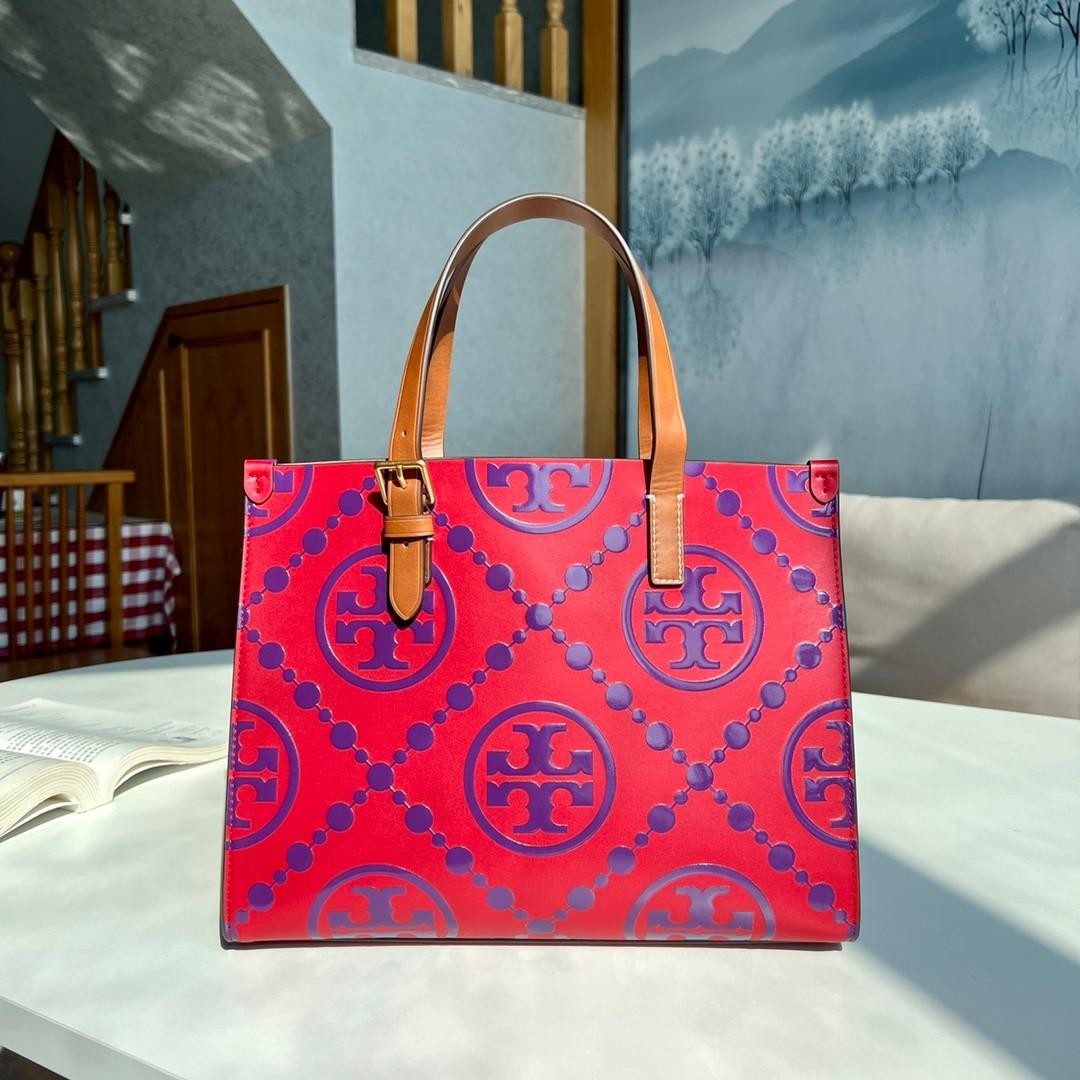 Tory Burch T Monogram Contrast Embossed Purple Pink Tote Bag, Women's  Fashion, Bags & Wallets, Tote Bags on Carousell