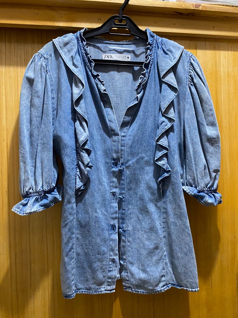 Zara 3/4 Ruffled Denim Top, Women's Fashion, Tops, Blouses on Carousell
