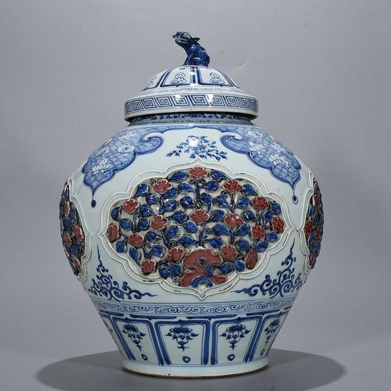 中国古玩 中国美術 元釉裡紅 鳳紋 龍耳蓋罐  40UO23FK 中国美術元〜明時代龍泉窯青磁香炉翡翠摘蓋旧蔵供箱古物唐物