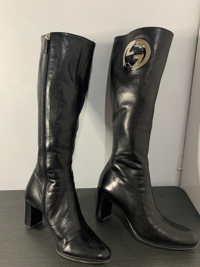 Authentic Gucci x Tom Ford black Knee High Logo Leather Boots - 9/10  condition, Luxury, Sneakers & Footwear on Carousell