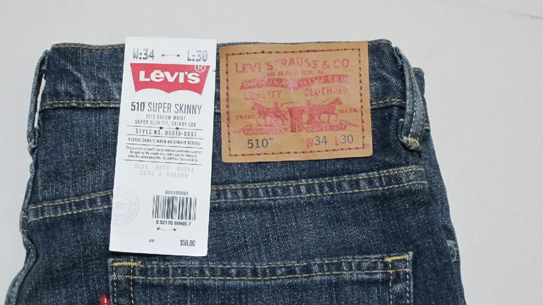 Brand New Levi's 510 Super Skinny W34 L30. 98% Cotton & 2% Elastane. Visit  my other listings at: /XQsTi6ntDsb, Men's  Fashion, Bottoms, Jeans on Carousell