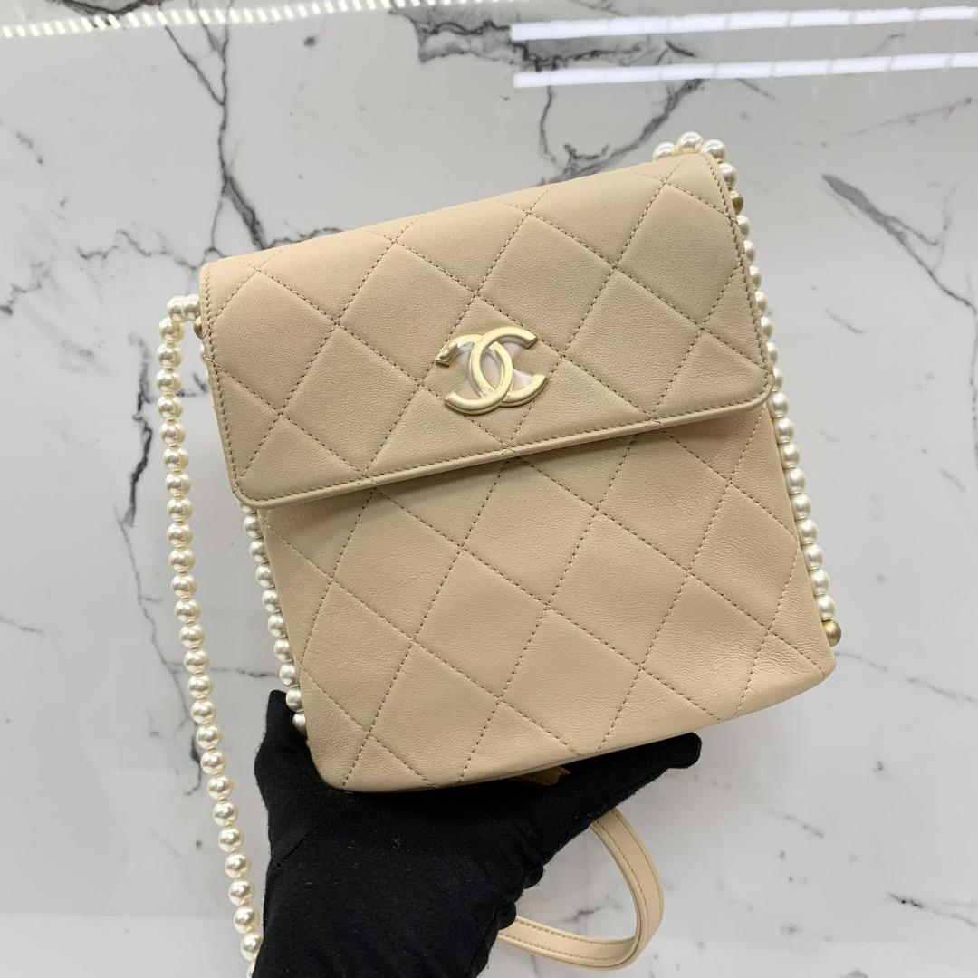 Chanel Beige Leather Small Pearl Chain CC Hobo Bag