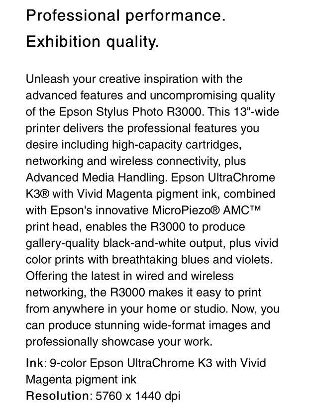 Epson Stylus Pro R3000 Professional Inkjet Printer A3 / A4, Computers