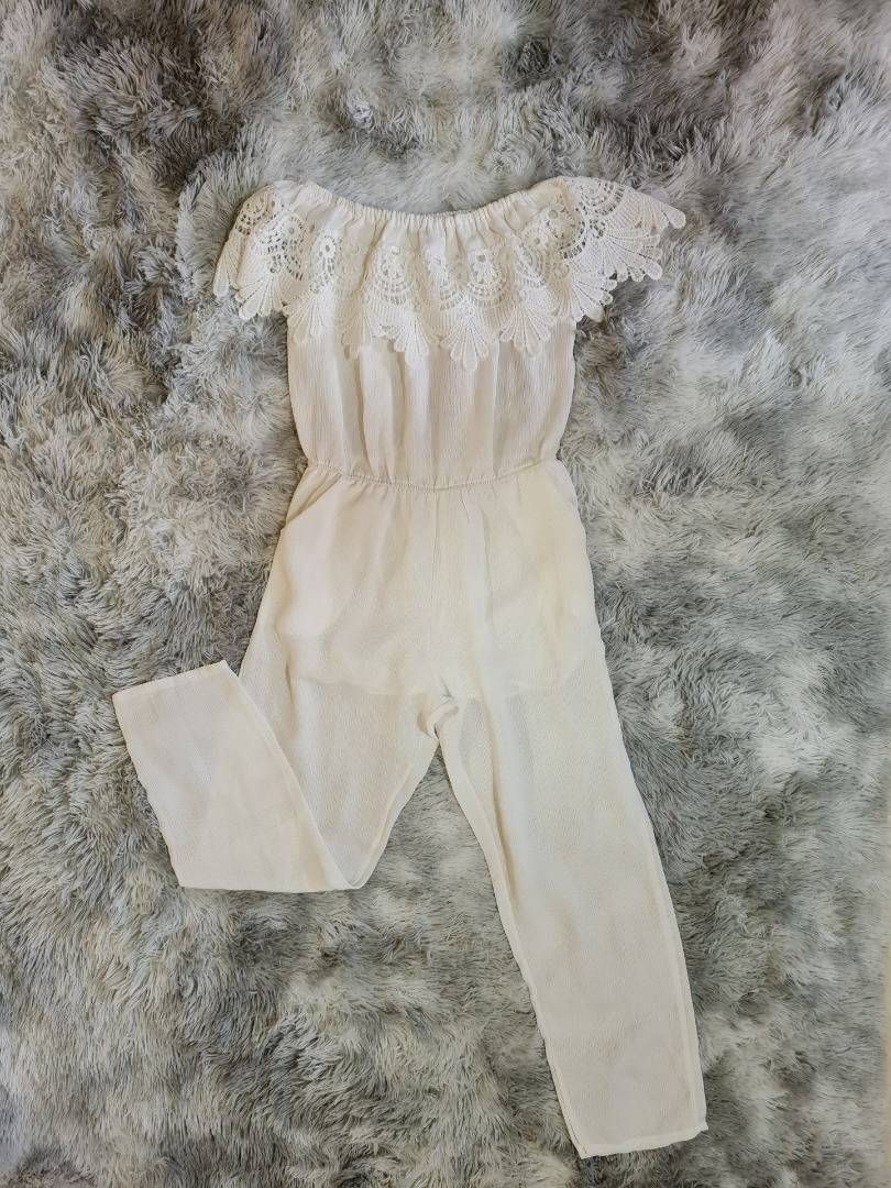 Guipure Lace Overlay on Jumpsuit White, Women's Fashion, Dresses & Sets