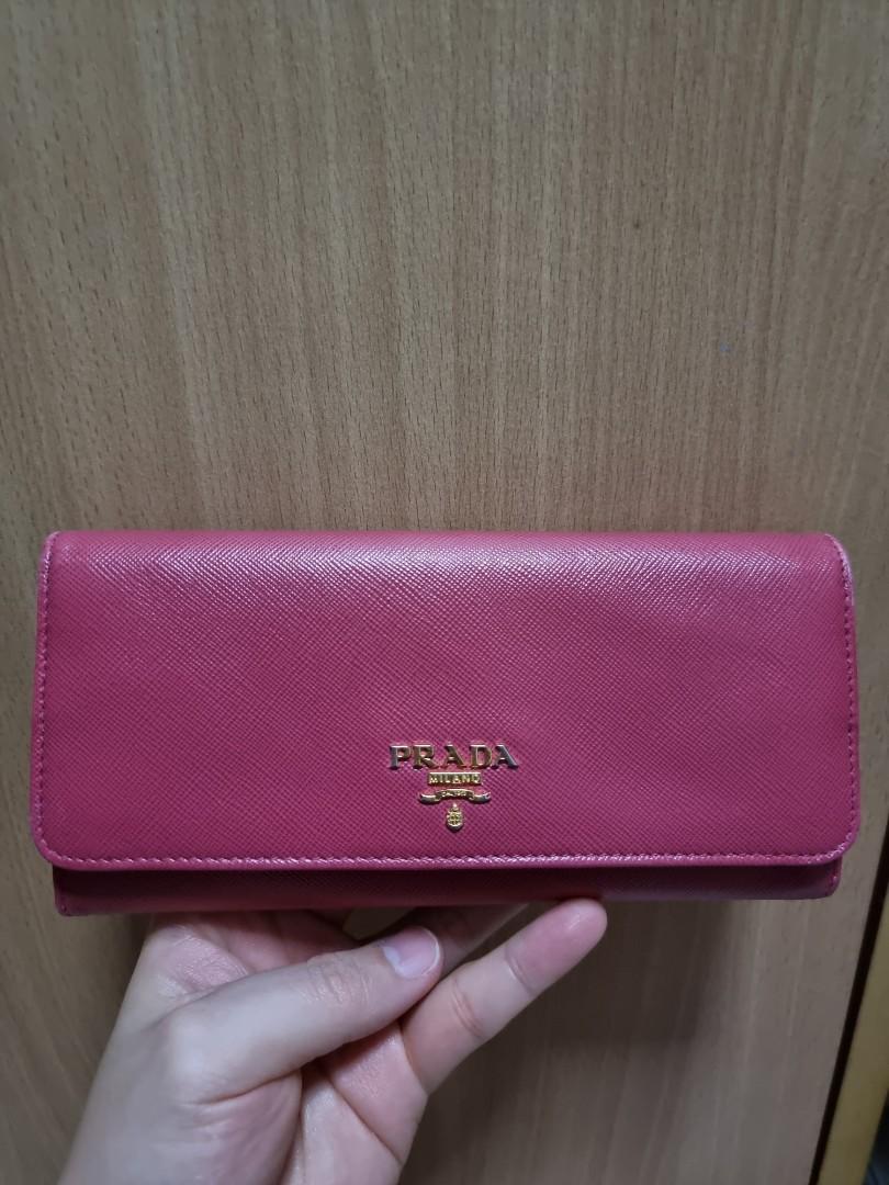 Prada Saffiano Leather Wallet w Card Case GHW Peony Pink Purse WOC