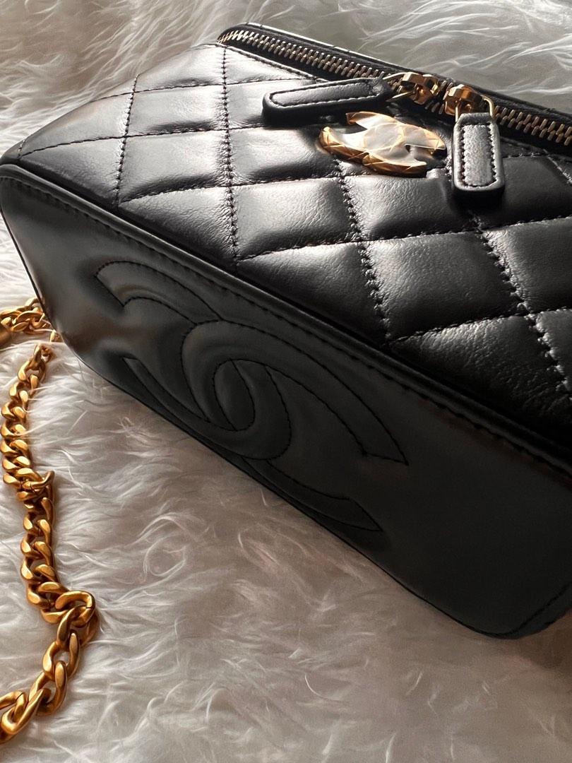 New Authentic Chanel 22K Black Vanity rectangle box bag with adjustable  Pearl crush like chain lambskin