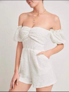 Off shoulder Ruched Bust Fuzzy Romper - White