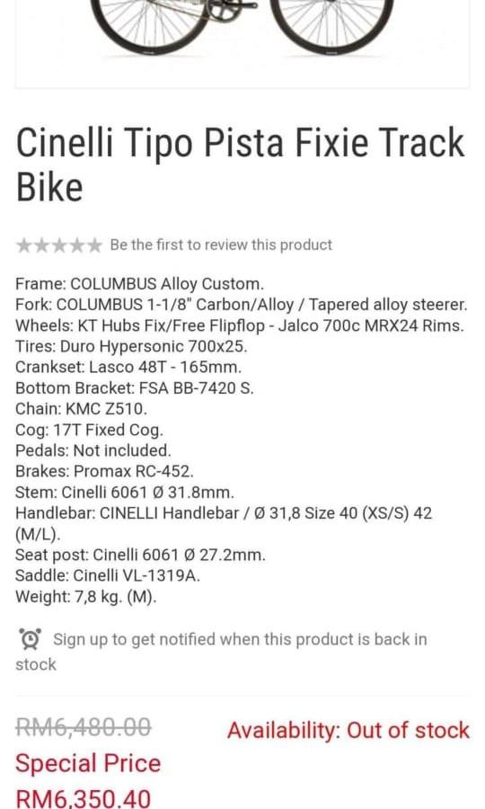 Pre owned Cinelli Tipo Pista Fixie Track Bike Size XS 49