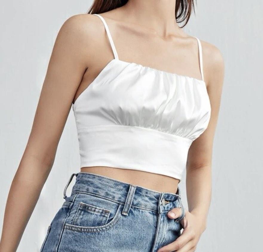 Ruched Bust Satin Crop Cami Top, Women's Fashion, Tops, Sleeveless on  Carousell