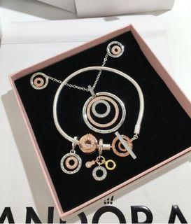 SALE💟 AUTH PANDORA LOGO ROSEGOLD T-BAR BRACELET 2500 --  TWO TONE CIRCLE STUD EARRING 1399 -- CHARMS 980 EACH!! NECKLACE LOGO TWO TONE 2200