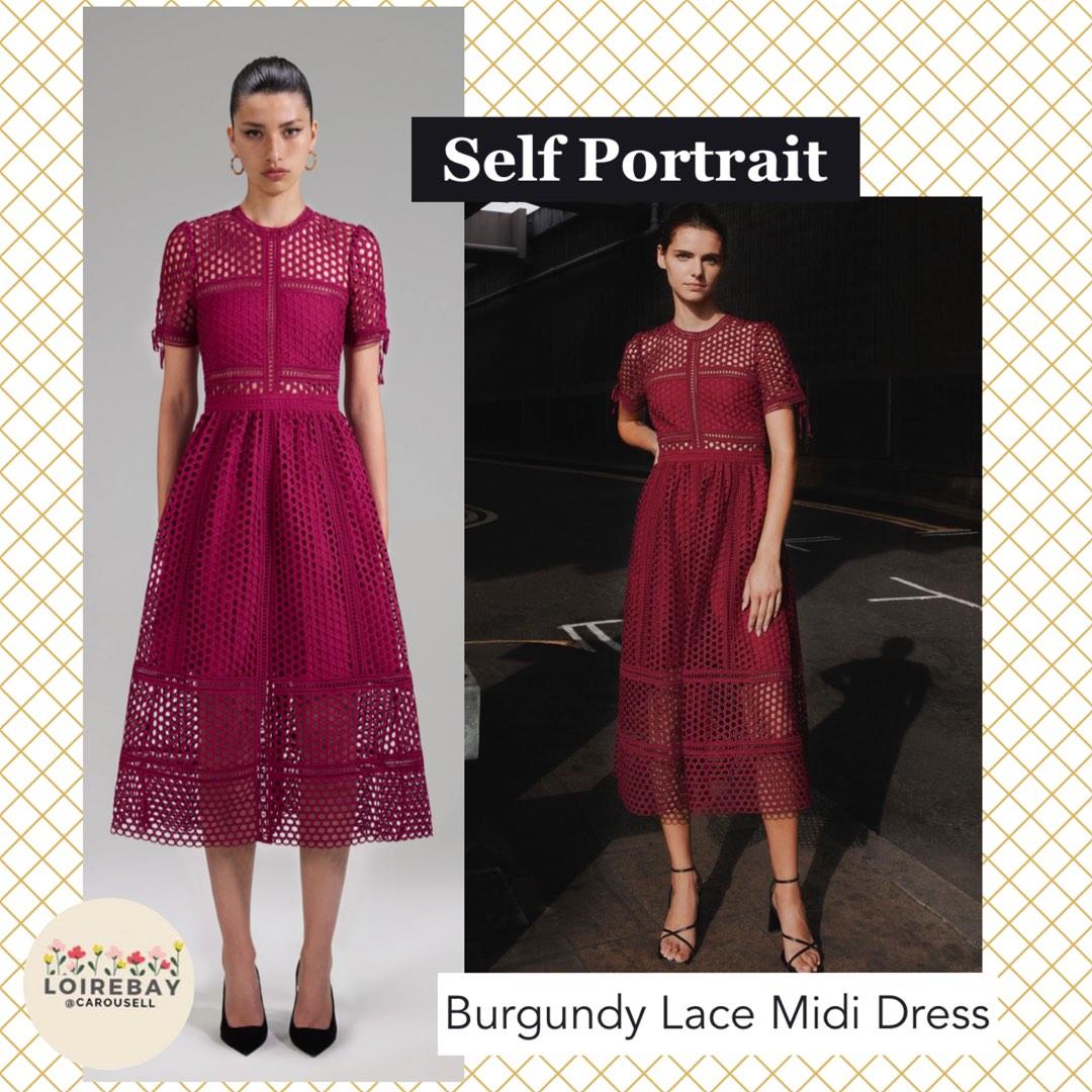Self Portrait Burgundy Red Lace Midi Dress