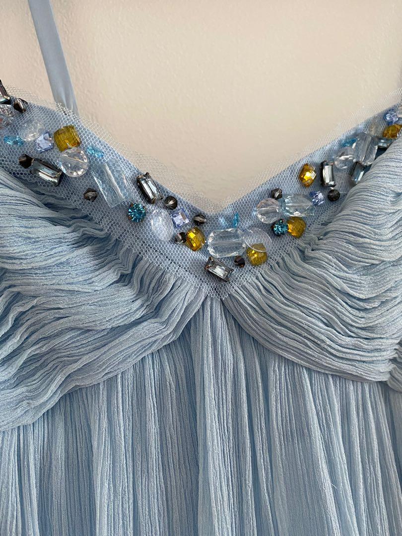 Sky blue chiffon gown (Category: Evening dresses & gowns) located in Makati City. Submitted by love2give.ph (Listing ID 1190731295, Image 2). Description: Re-sized to fit a US 2-4 Delicate chiffon with jewel details along a sweetheart neckline Minimal snagging on the dress and still very wearable, cute, and flirty Approx. 44” from bust to bottom of the dress.