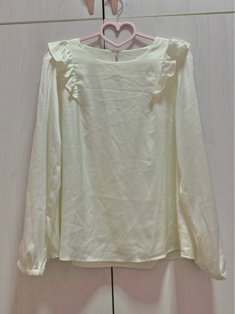Te Chi Chi Off White Satin Blouse with Ruffle and Puff Shoulders, Women ...